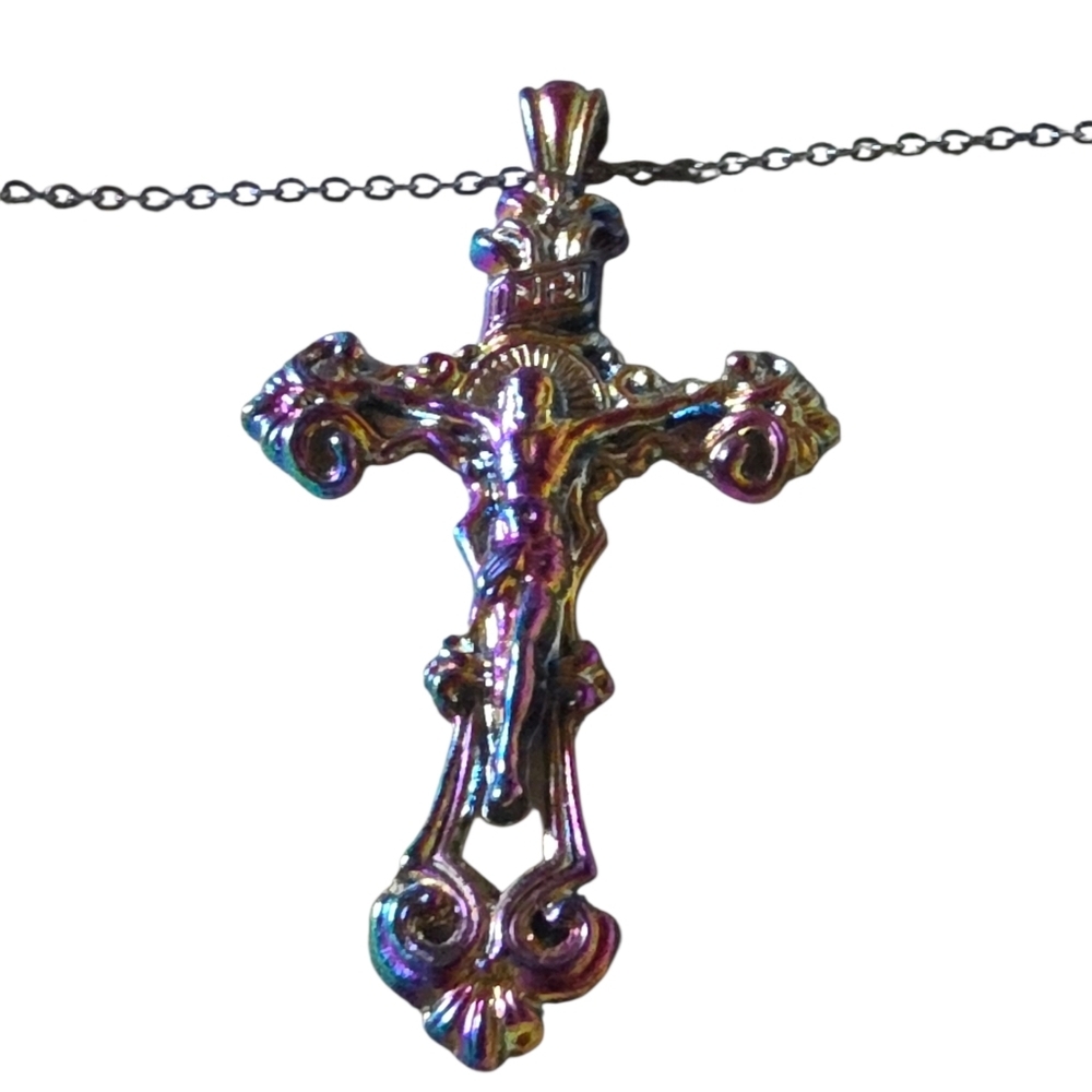 New Stainless Steel Cross Iridescent Pendant Necklace